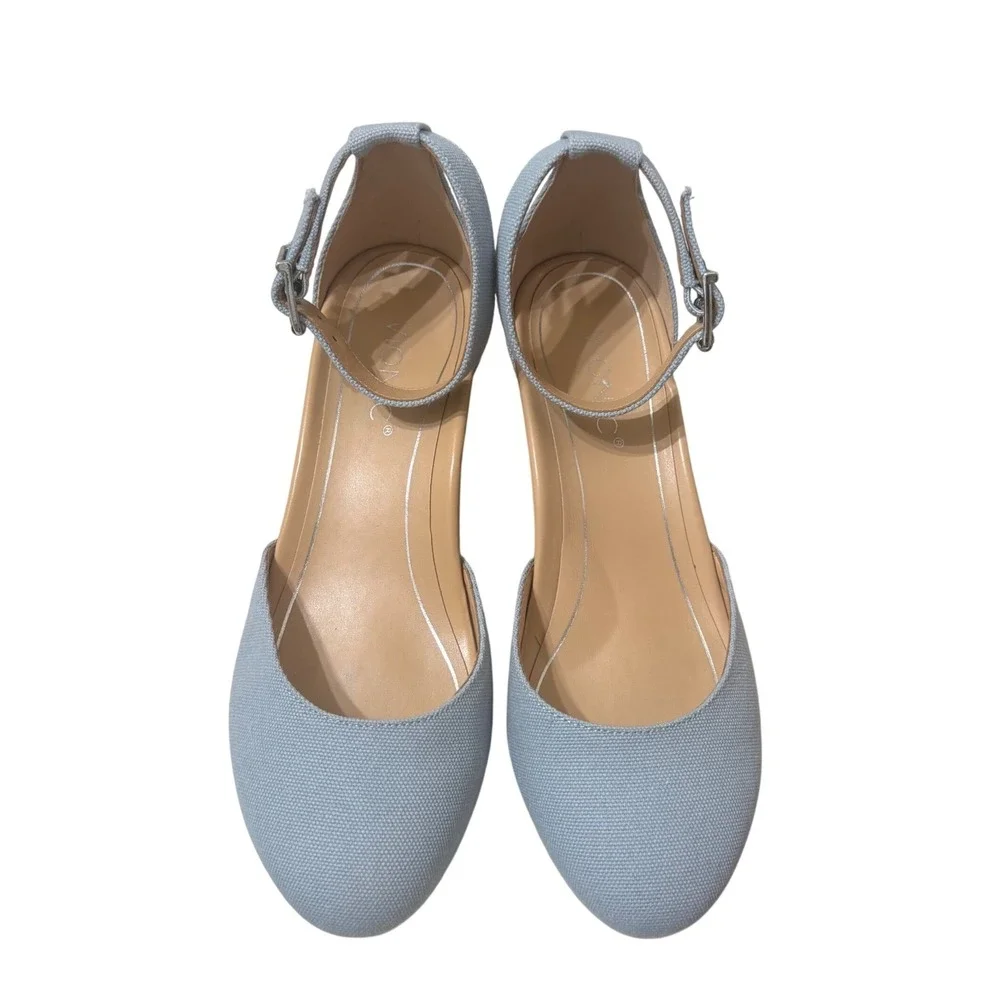 Vionic Amy Wedge Espadrille Sandals 9 Wide Sky Blue Excellent Canvas Buckle